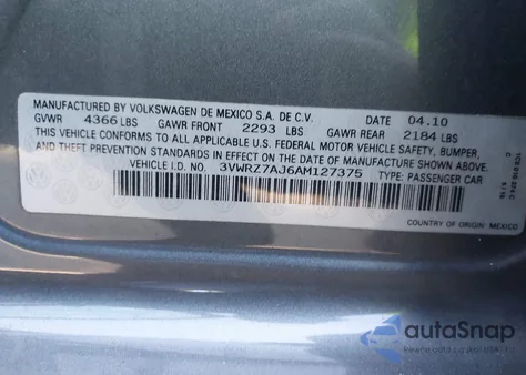 2010 Volkswagen Jetta Limited Edition z USA, uszkodzony, nr VIN 3VWRZ7AJ6AM127375